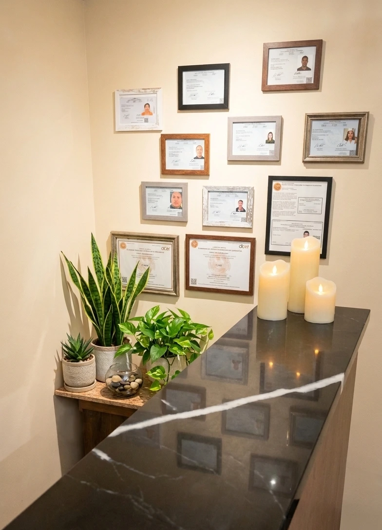 Wall of therapist licenses and certifications at Healing Hands Clearwater
