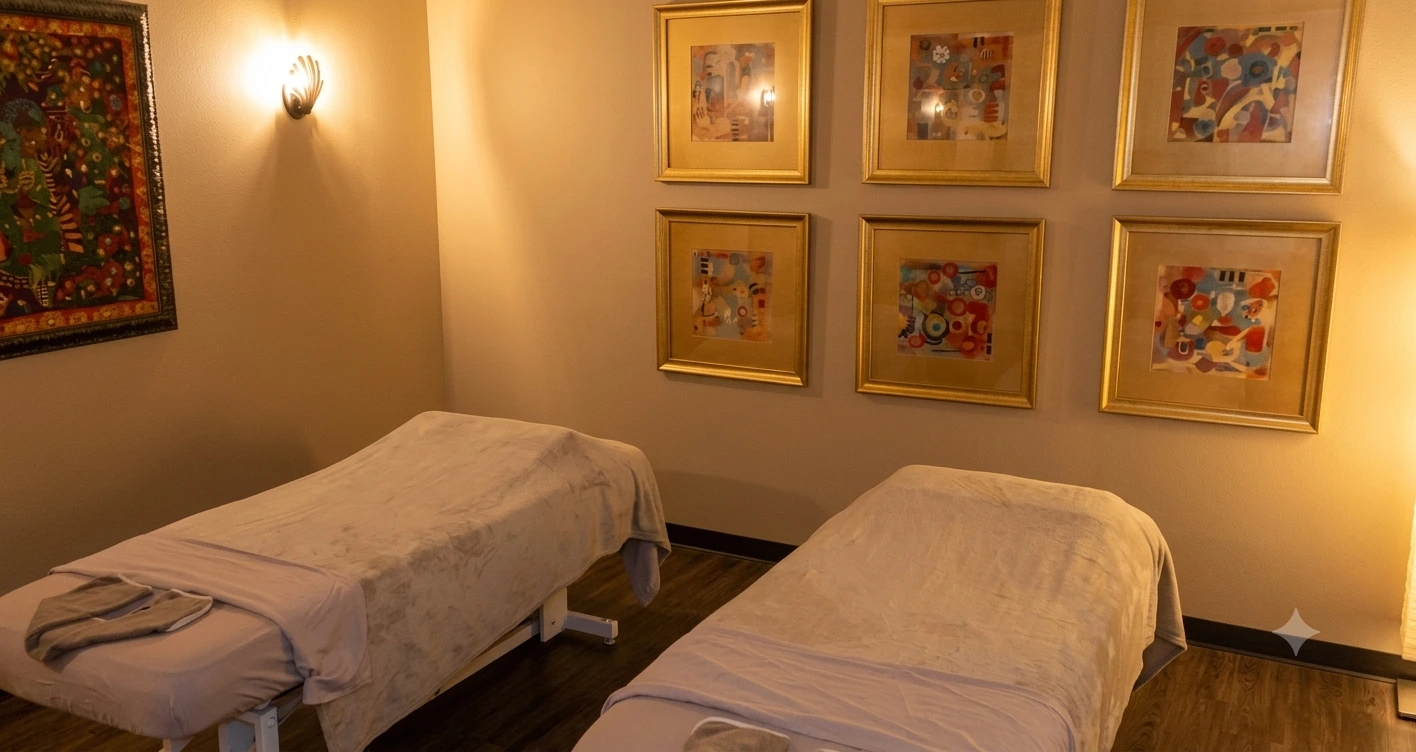 Healing Hands Massage & Spa interior — the couples suite in Clearwater, FL with side-by-side massage tables and warm lighting
