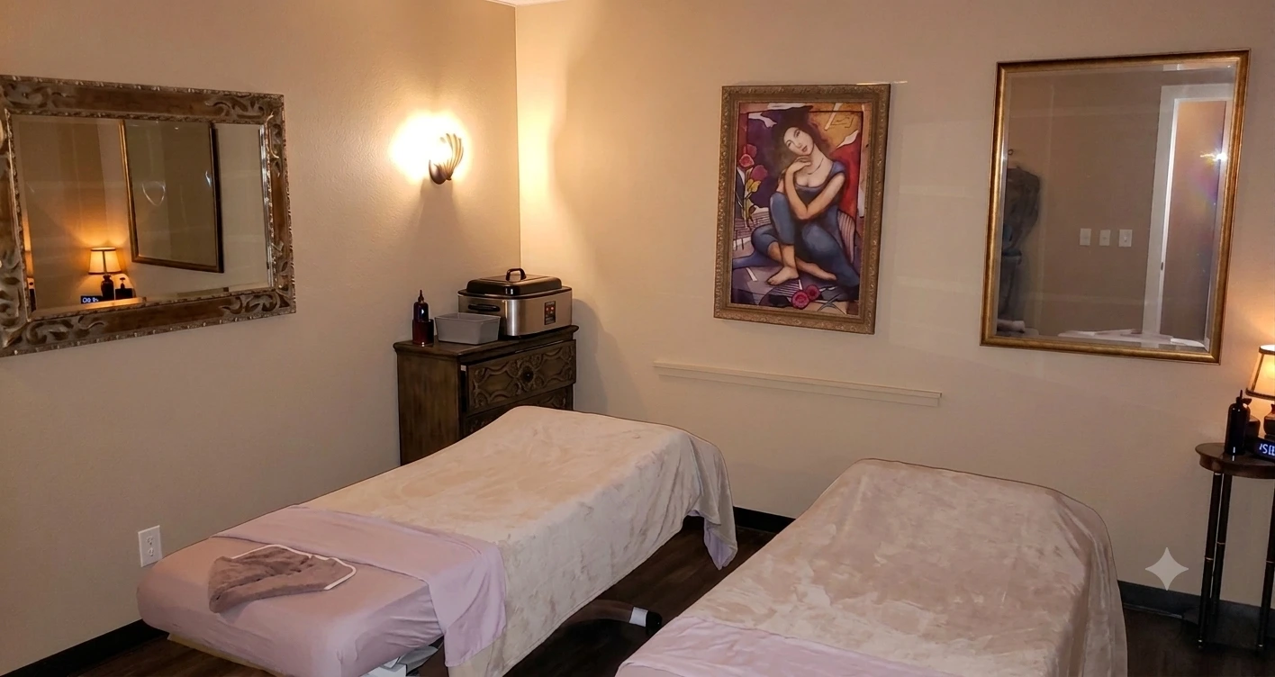 Couples massage tables with artwork