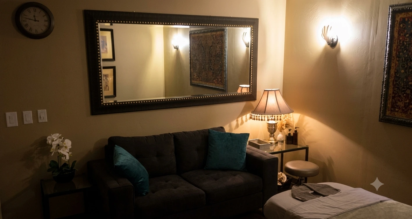 Couches and mirror inside the couples suite